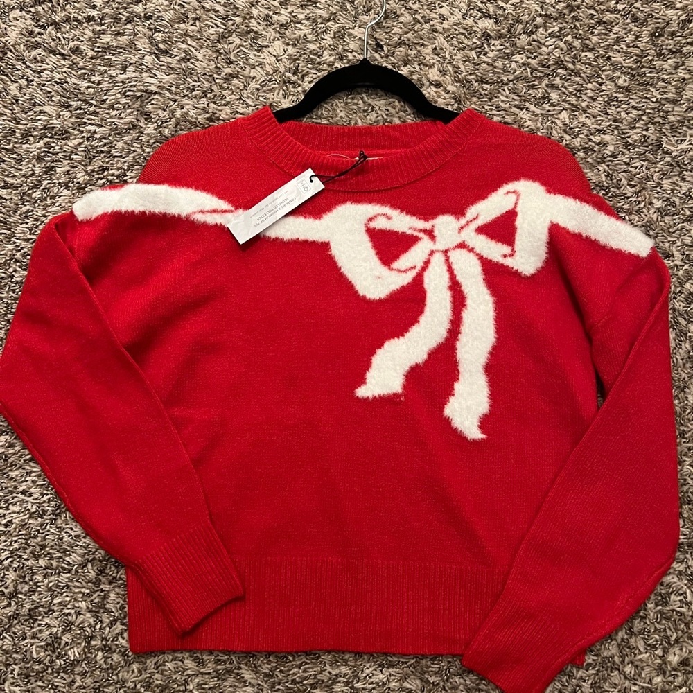 Sincerely Jules Red Crewneck Sweater with White Bow Detail